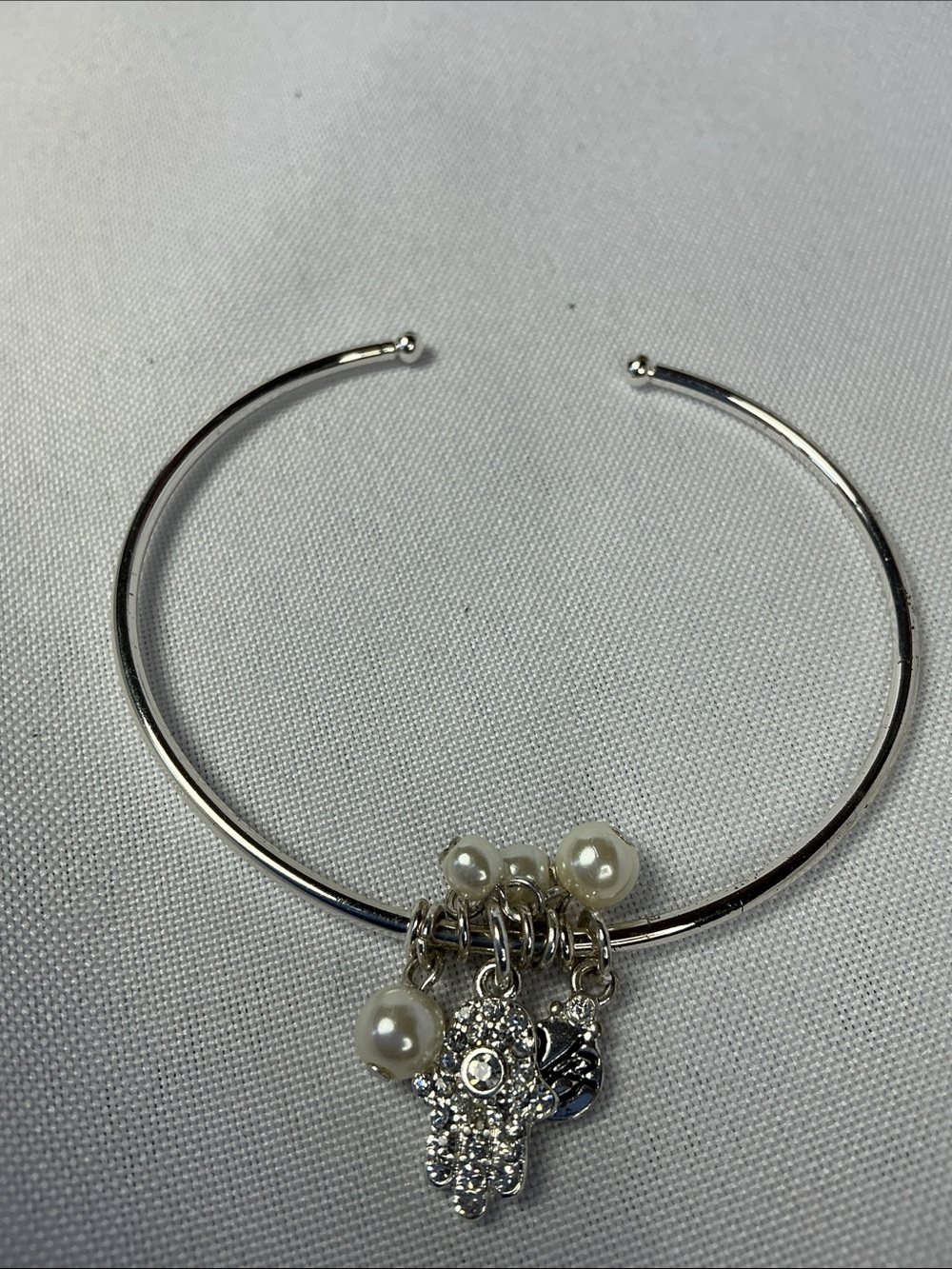 ★Silver Hamsa Pearl Charm Bracelet Evil Eye Boho Chic Cuff